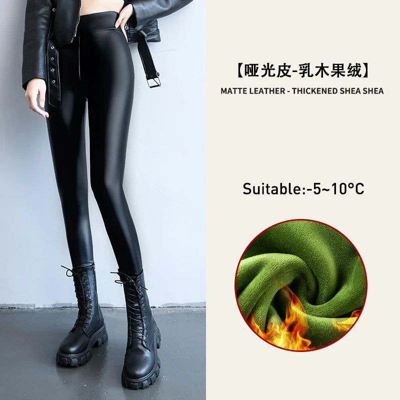 Women's Velvet PU Leather Leggings Pants, Warm Fleece, High Waist