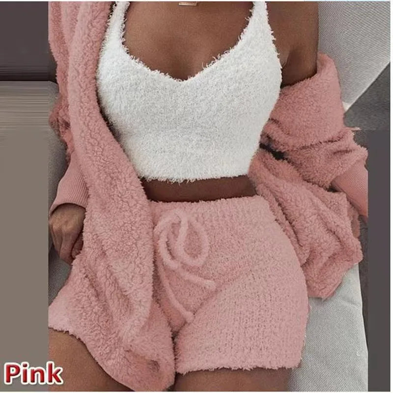 Women's 3 Piece Fluffy Winter Pajama Set Crop Tops and Loose Shorts, Plus Size