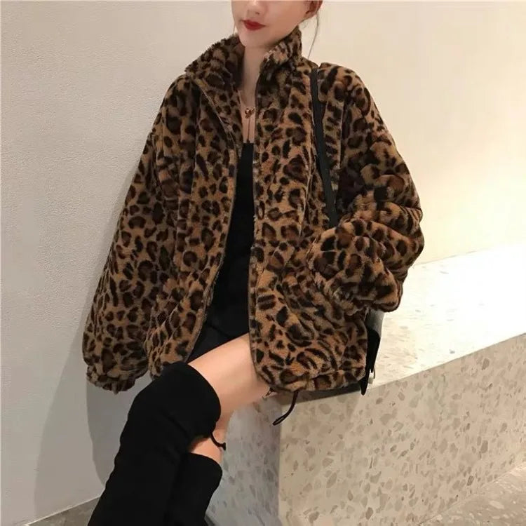 Damen Leoparden Print lockere Kunstpelz Jacke
