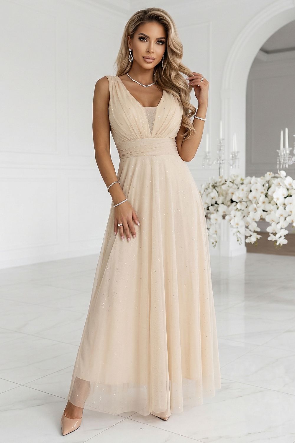Samen Maxi Abendkleid, Wickel-V-Ausschnitt, Gürtel & Glanzakzent von Numoco Basic beige