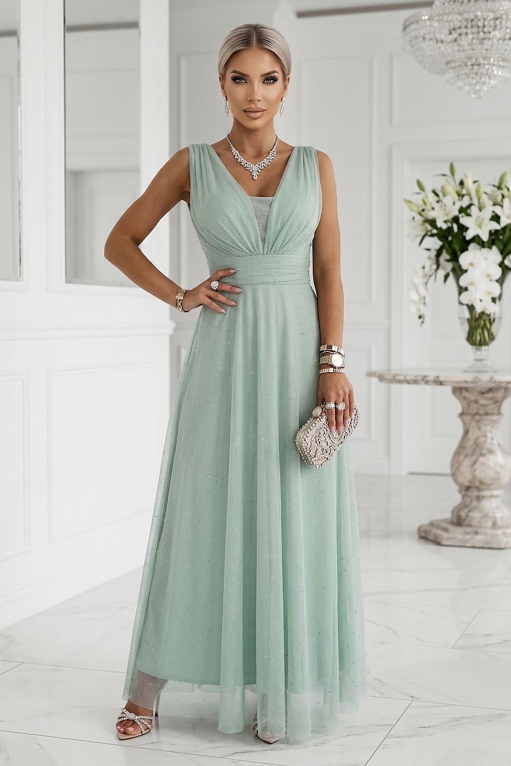 Samen Maxi Abendkleid, Wickel-V-Ausschnitt, Gürtel & Glanzakzent von Numoco Basic grün Vorderseite
