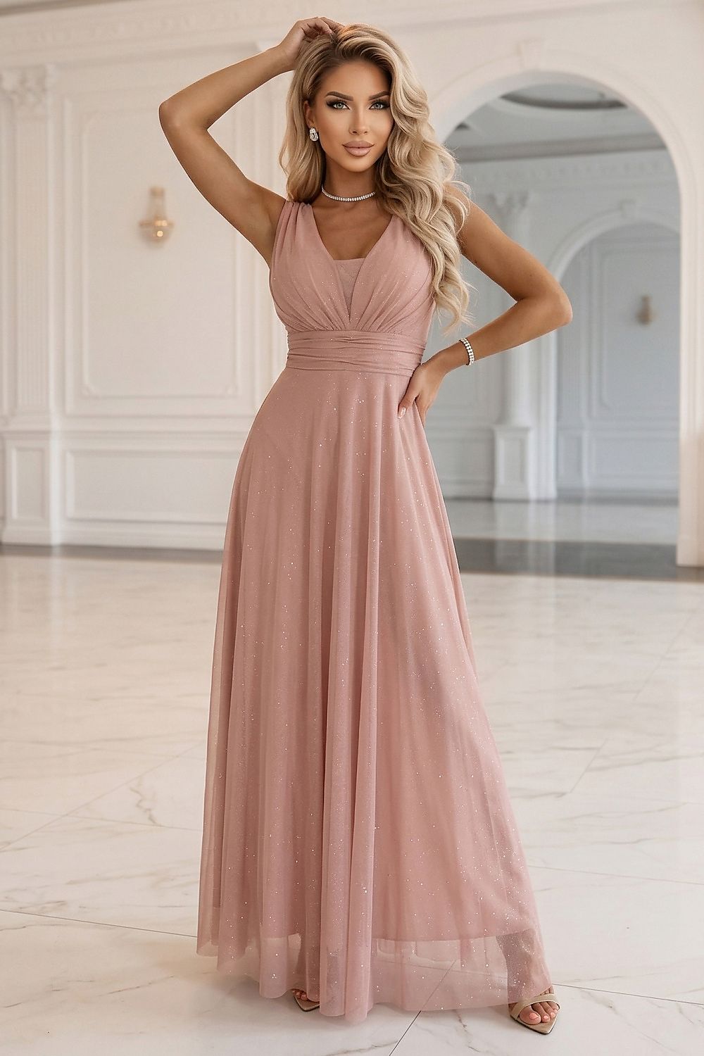 Samen Maxi Abendkleid, Wickel-V-Ausschnitt, Gürtel & Glanzakzent von Numoco Basic rosa