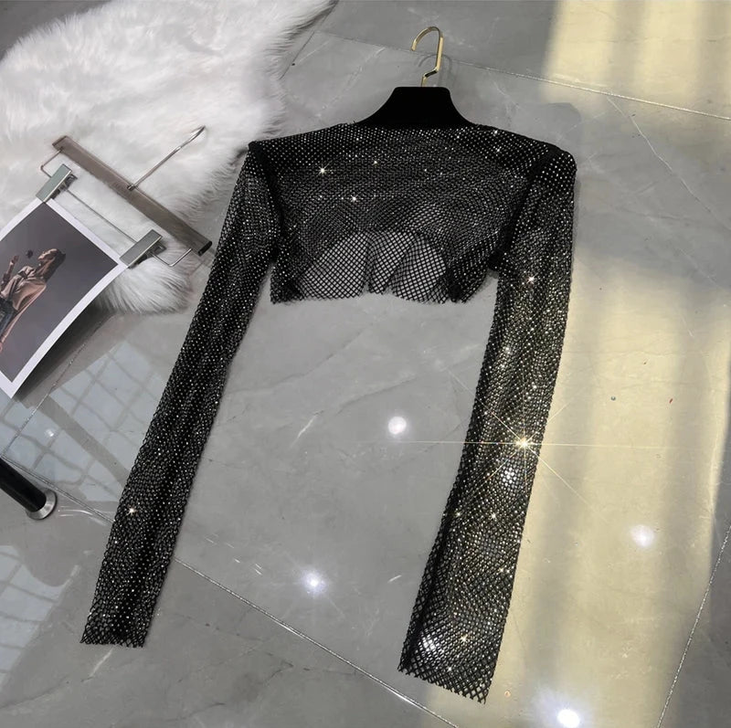 Sexy Crystal Short T-Shirt Mesh Canvas Party Time Outfit for Women in Club