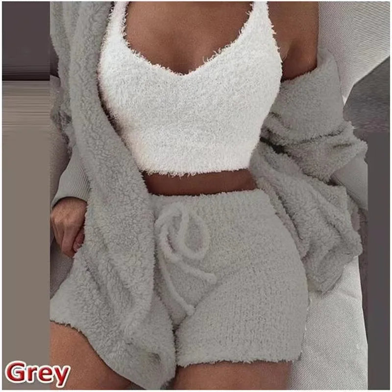 Women's 3 Piece Fluffy Winter Pajama Set Crop Tops and Loose Shorts, Plus Size