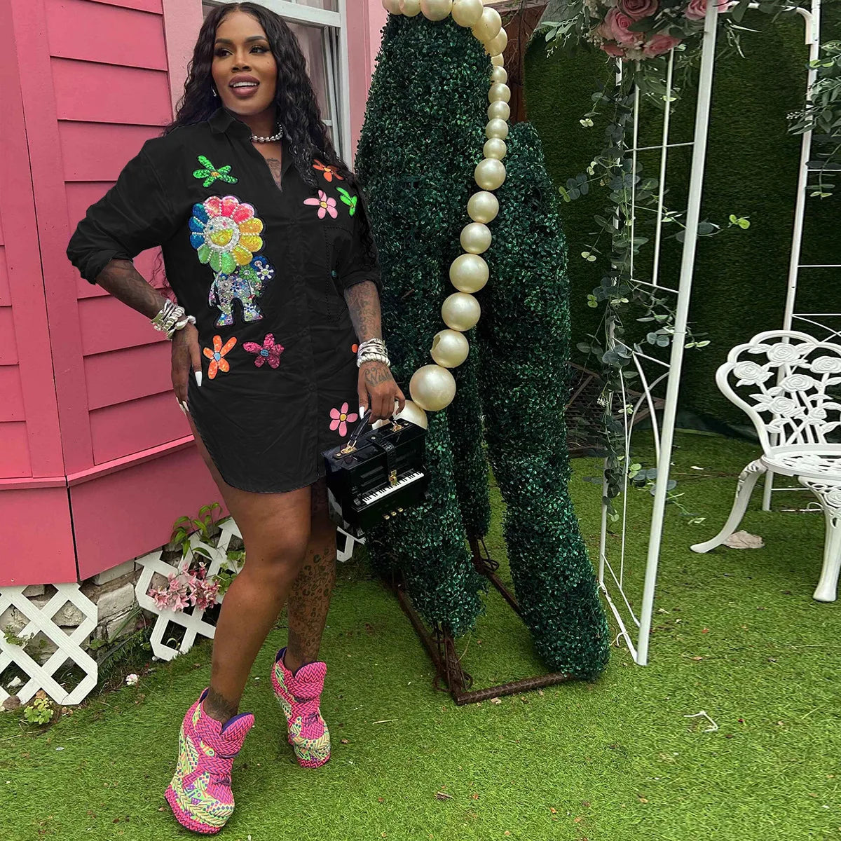 Damen Perlenbesetzte Hemdkragen Bluse Top Blumen Stickerei