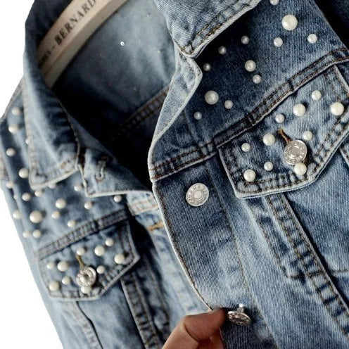 Denim Jeans Jacke mit Perlen für Damen