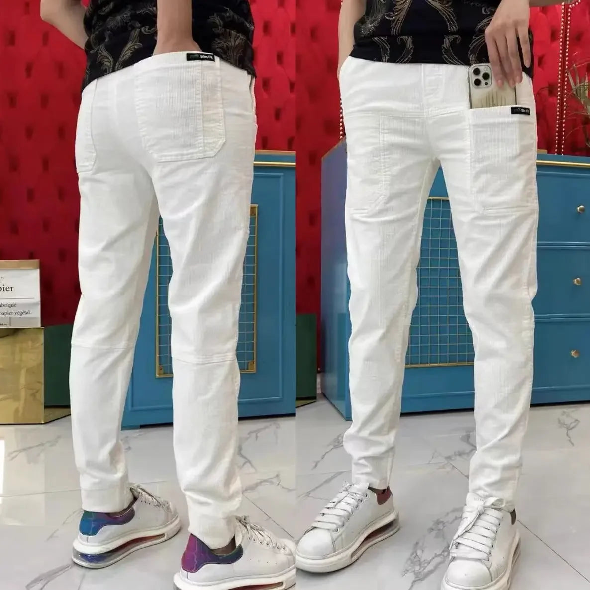 Men's corduroy cargo pants, simple, loose, American, retro, casual, elastic