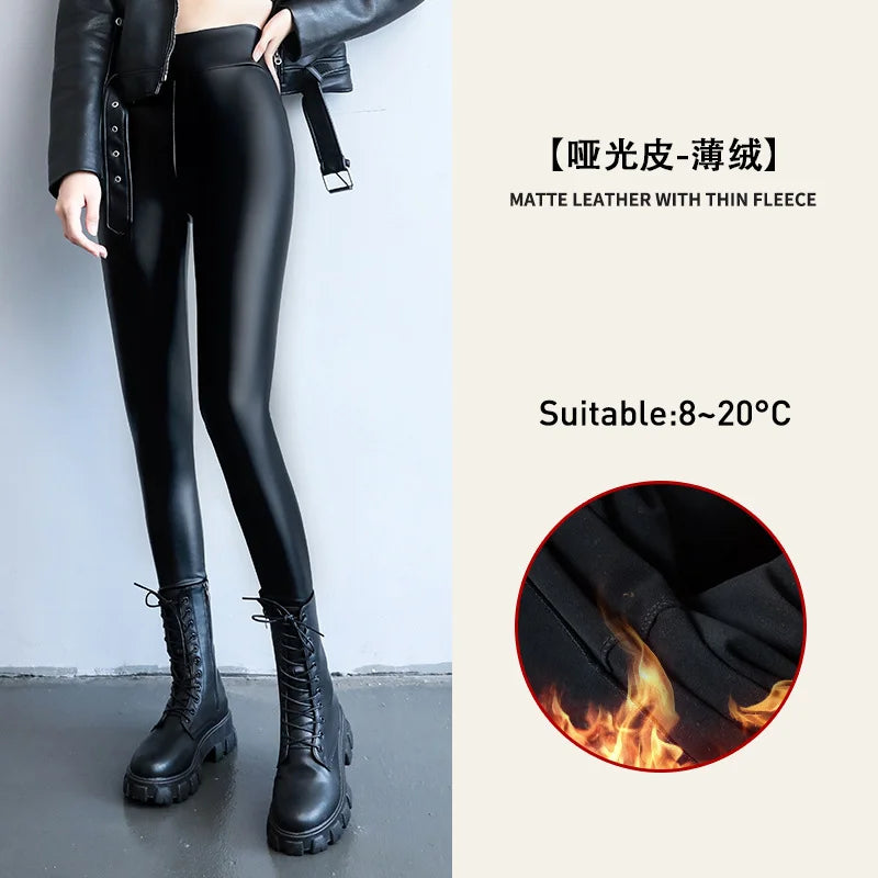 Women's Velvet PU Leather Leggings Pants, Warm Fleece, High Waist