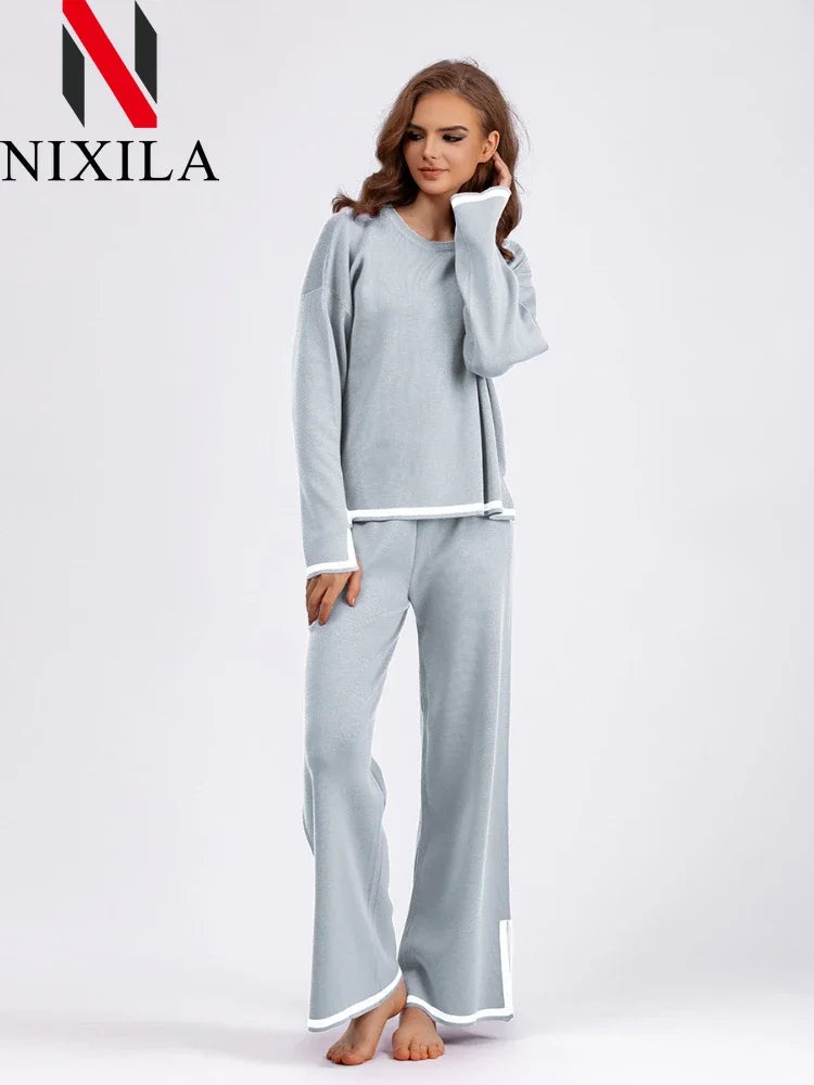 Winter Women Knitted Suit Warm Pants 2 Piece Set Ladies Outfit Pants Oversized