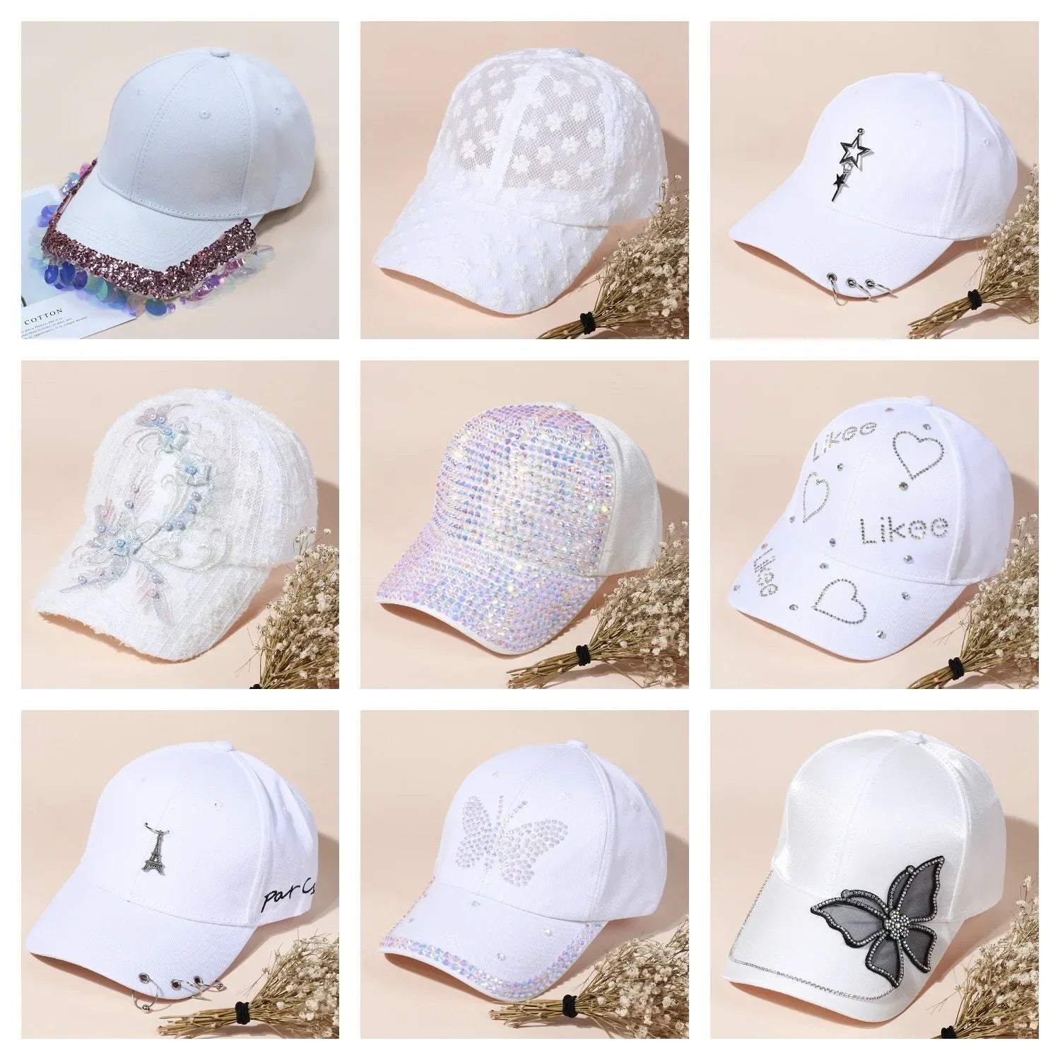 Damen Baseball Caps Spitze Strass Atmungsaktive Mesh Snapback Hut Hip Hop