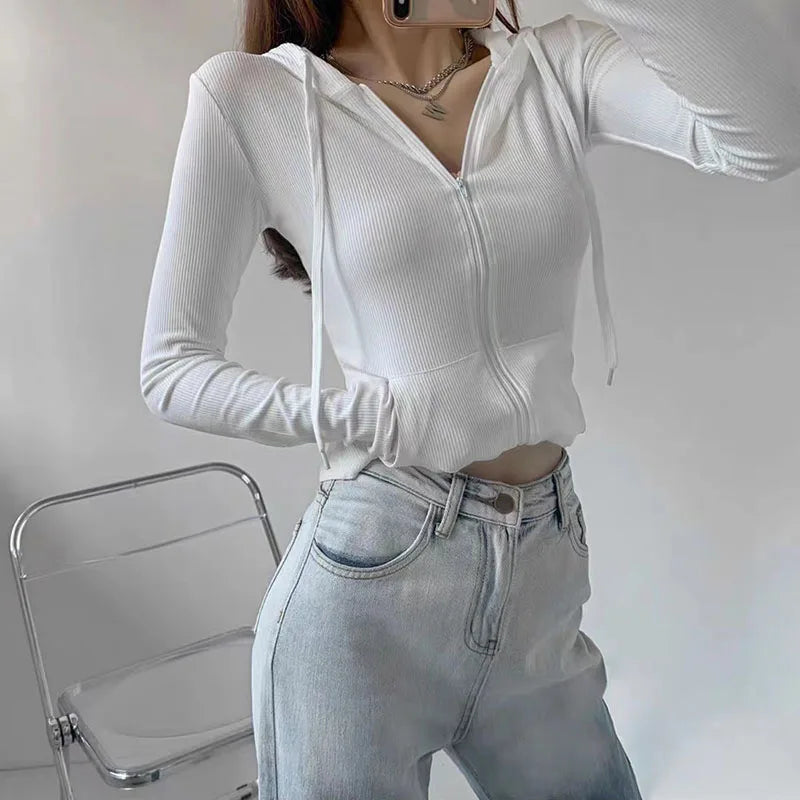 Gothic Streetwear Oversized T-Shirts Women Zipper Hooded Cardigan Sport Solid Long Sleeve Gray Slim Fit Tops Tracksuit