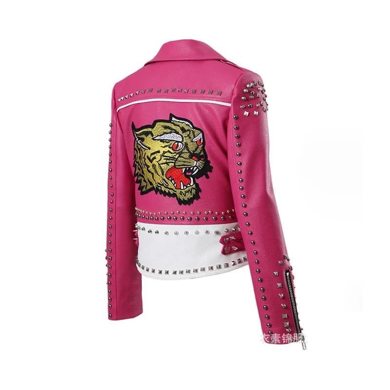 Punk Nieten Lederjacke Damen – Streetwear Trend aus Kunstleder mit Stickerei