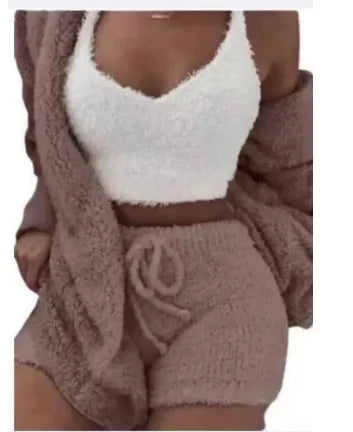 Women's 3 Piece Fluffy Winter Pajama Set Crop Tops and Loose Shorts, Plus Size