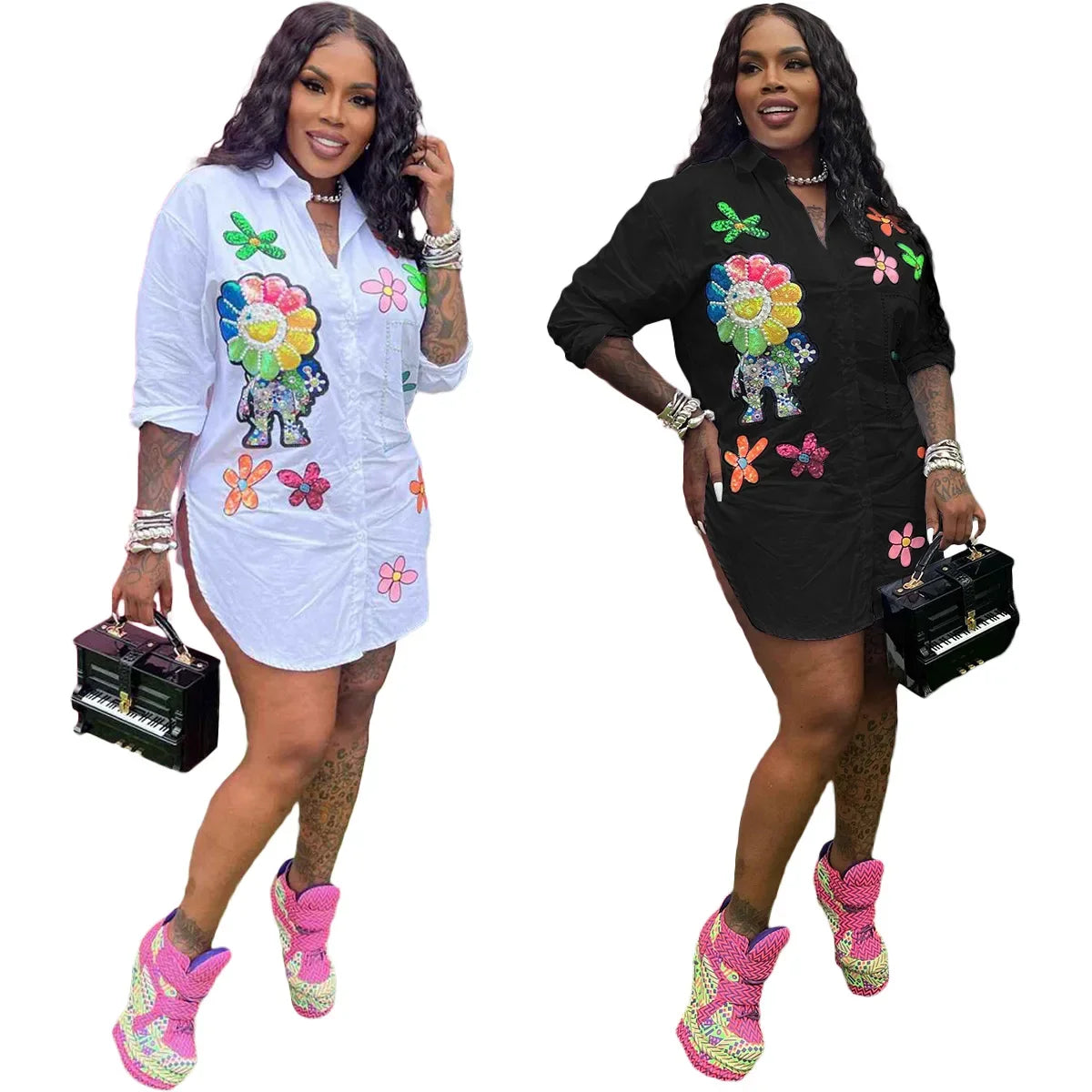Damen Perlenbesetzte Hemdkragen Bluse Top Blumen Stickerei