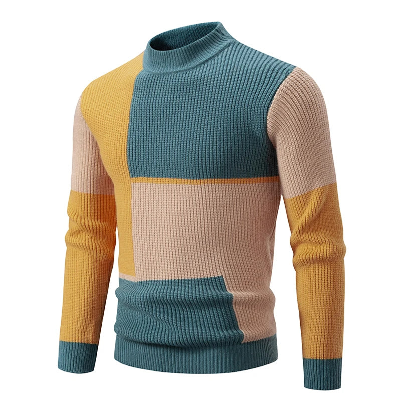 Herren Retro Stehkragen Pullover Collage Farbe