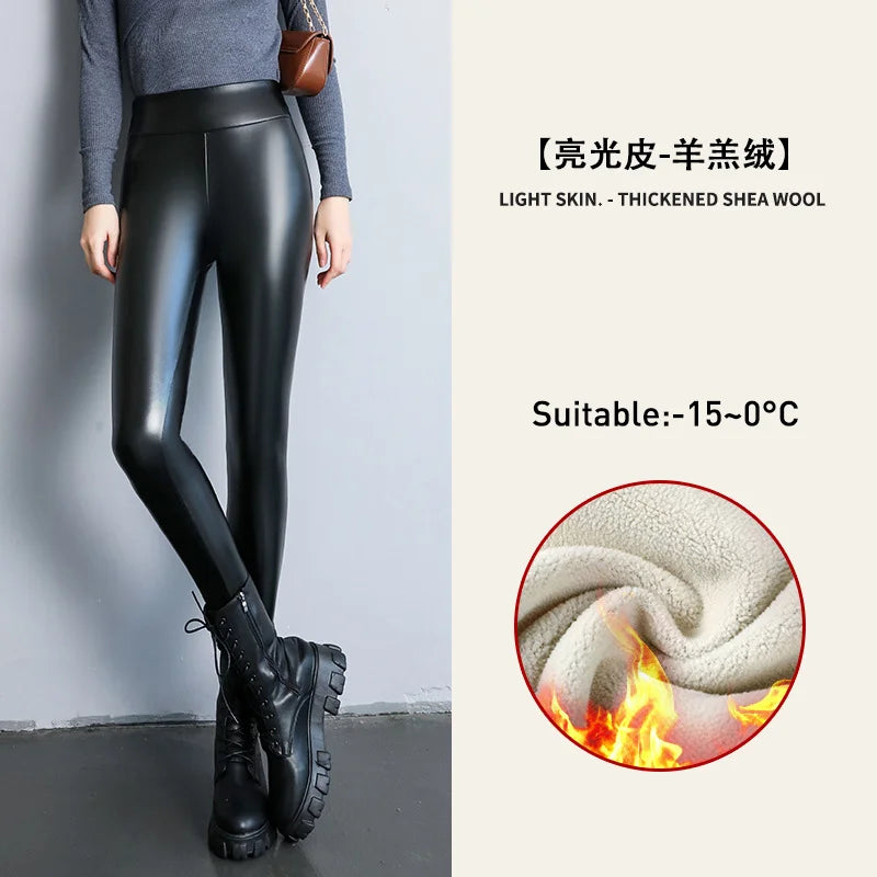 Women's Velvet PU Leather Leggings Pants, Warm Fleece, High Waist