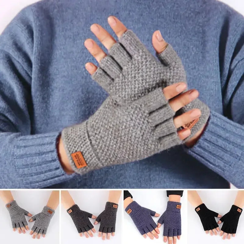 Fingerless winter gloves for men knitted thick wool