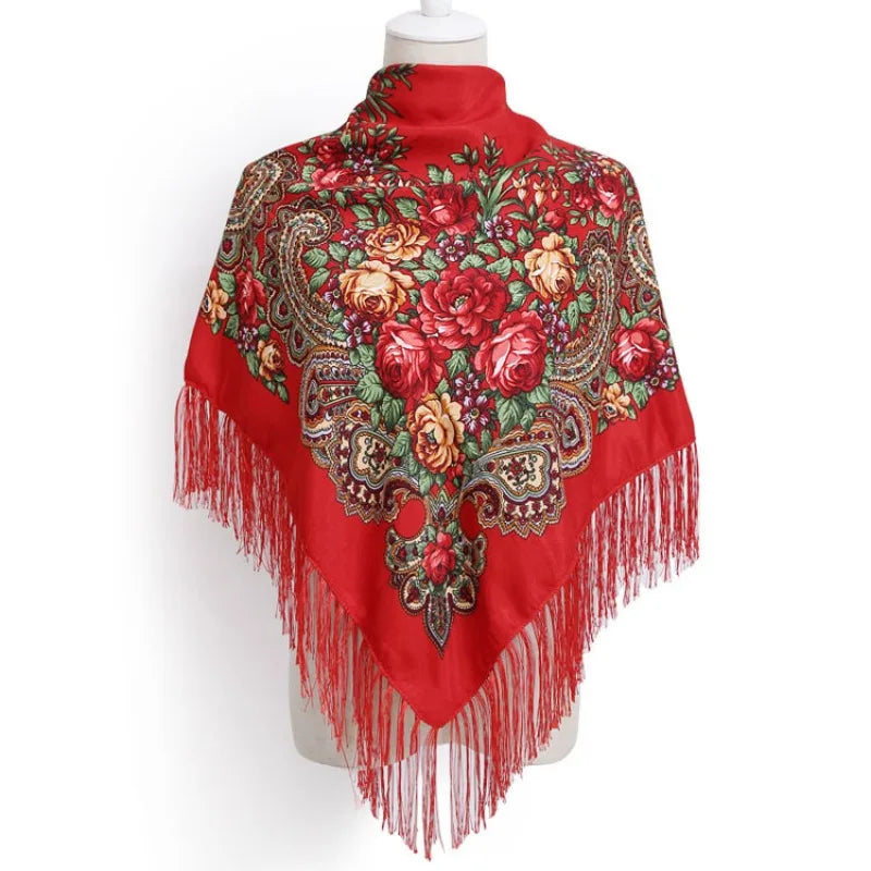 Women's Luxury Floral Printed Scarf Russian Ukrainian Fringe Babushka Handkerchief Headscarf
