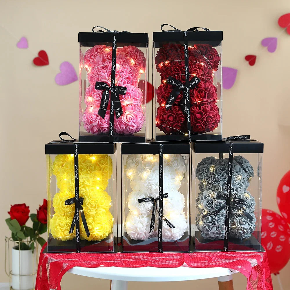Künstlicher Teddybär mit Rose und Box, romantisches Geschenk