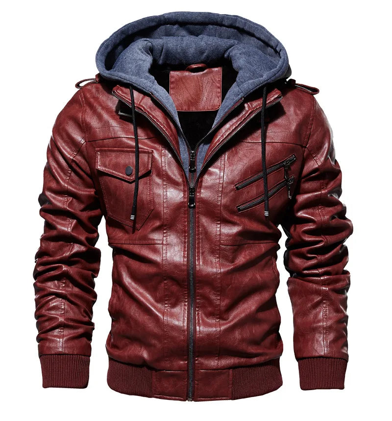 Herren Lederjacke Plüsch Fleece Kapuzen Jacke
