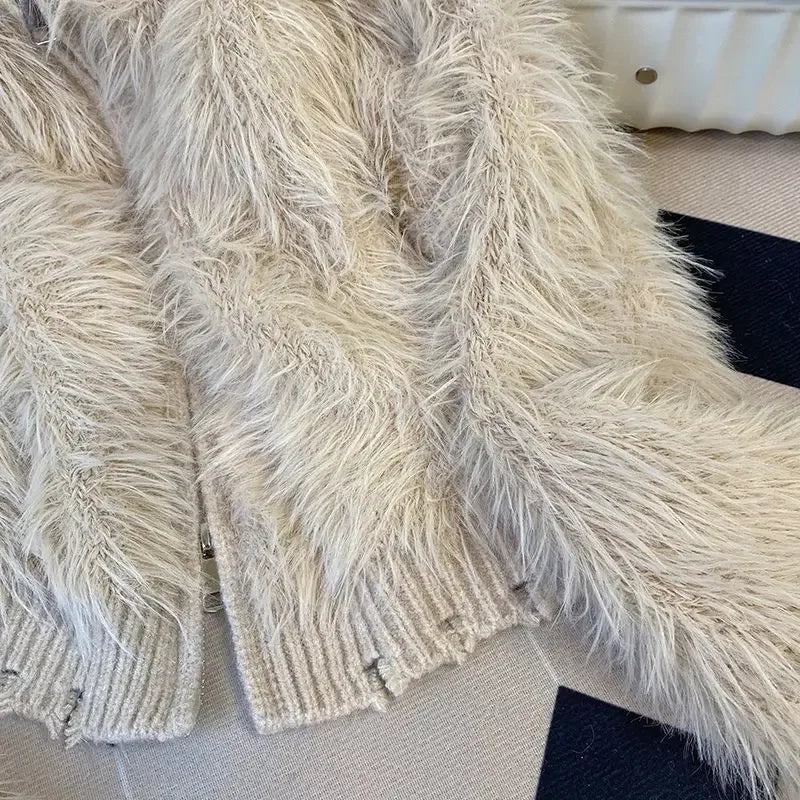 Damen Kapuzen Strickjacke mit Fell