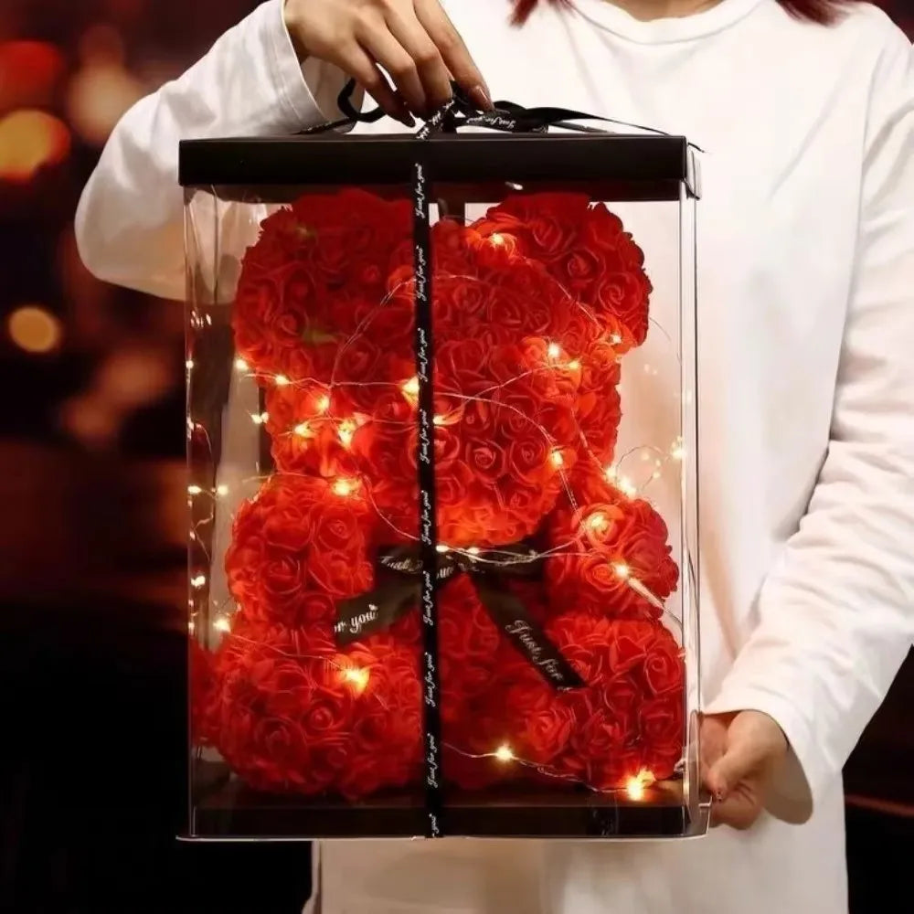 Künstlicher Teddybär mit Rose und Box, romantisches Geschenk