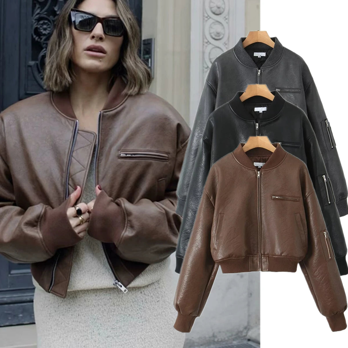 Damen Retro Crop Kunstleder Bomber Jacke