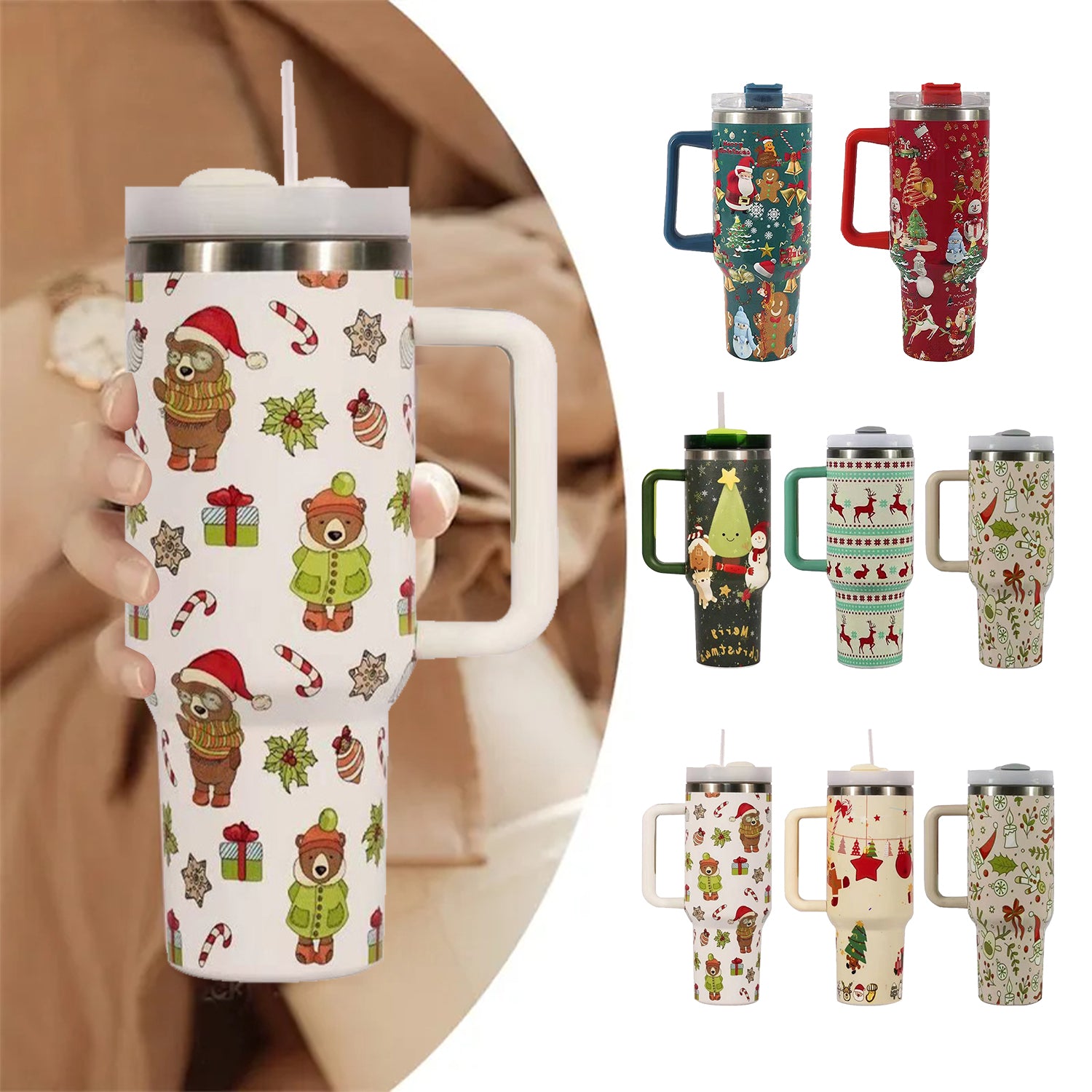Weihnachts Edelstahl Vakuum Thermobecher mit Griff 1200ml