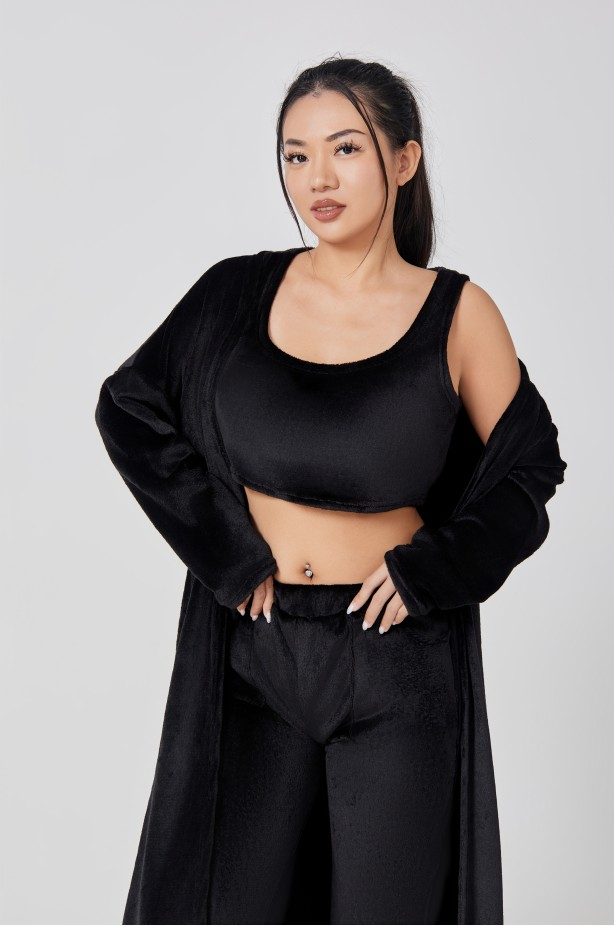 Damen Anzug Plüsch Set Hose, Top & Mantel