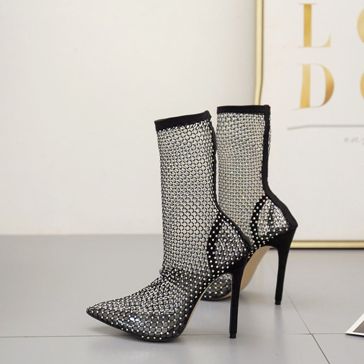 Hohle Strass Mesh-Fischnetz-Stiefeletten mit hohem Absatz