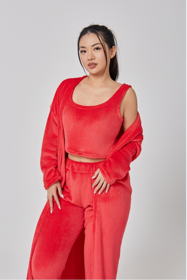 Damen Anzug Plüsch Set Hose, Top & Mantel