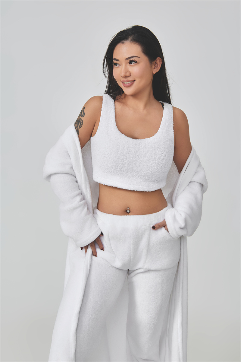 Damen Anzug Plüsch Set Hose, Top & Mantel