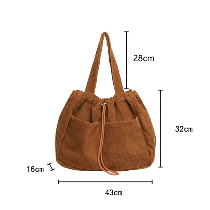 Damen Schultertasche aus Cord mit Kordelzug Multi-Pocket Handtasche