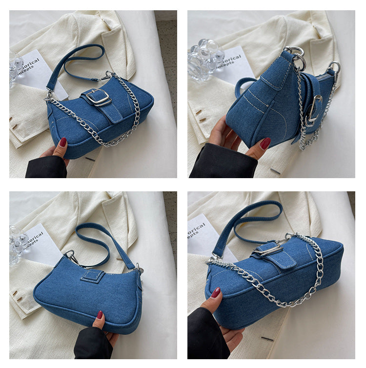 Denim-Umhängetasche, kleine quadratische mit Ketten Handtasche, Umhängetaschen, Handtasche