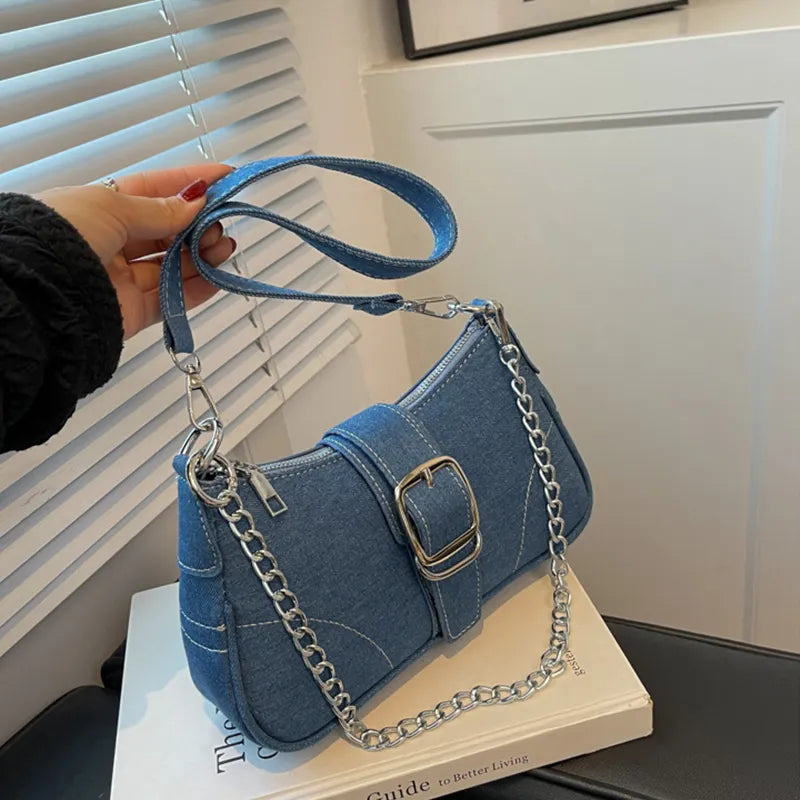 Denim-Umhängetasche, kleine quadratische mit Ketten Handtasche, Umhängetaschen, Handtasche