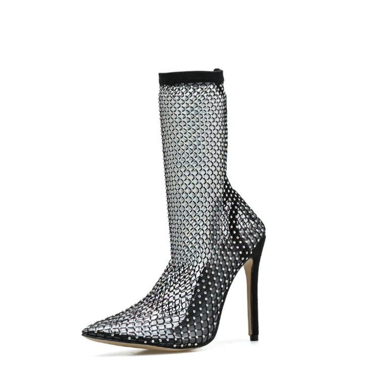 Hohle Strass Mesh-Fischnetz-Stiefeletten mit hohem Absatz