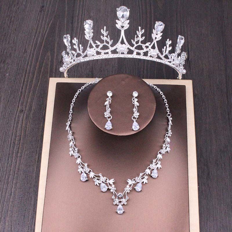 Braut Strass Krone Halskette Ohrstecker Set Hochzeit