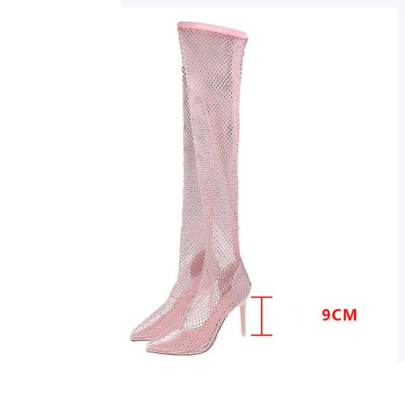 High-Top-Overknee-Schuhe mit Stiletto-Gummisohle und Strass-Mesh