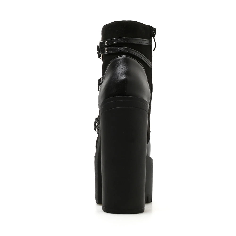 Damen Gothic-Motorradstiefel mit hohem Absatz, Blockabsatz, Schnürung