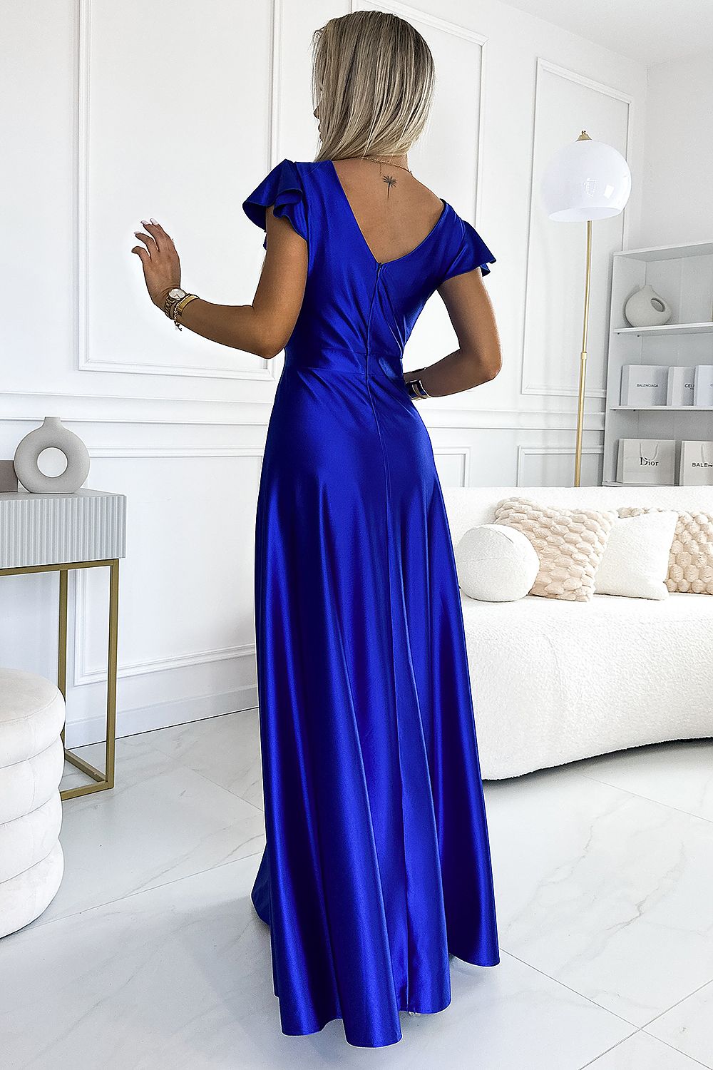 Damen Abendkleid Glitzer Maxikleid von Numoco blau 2 Rückseite