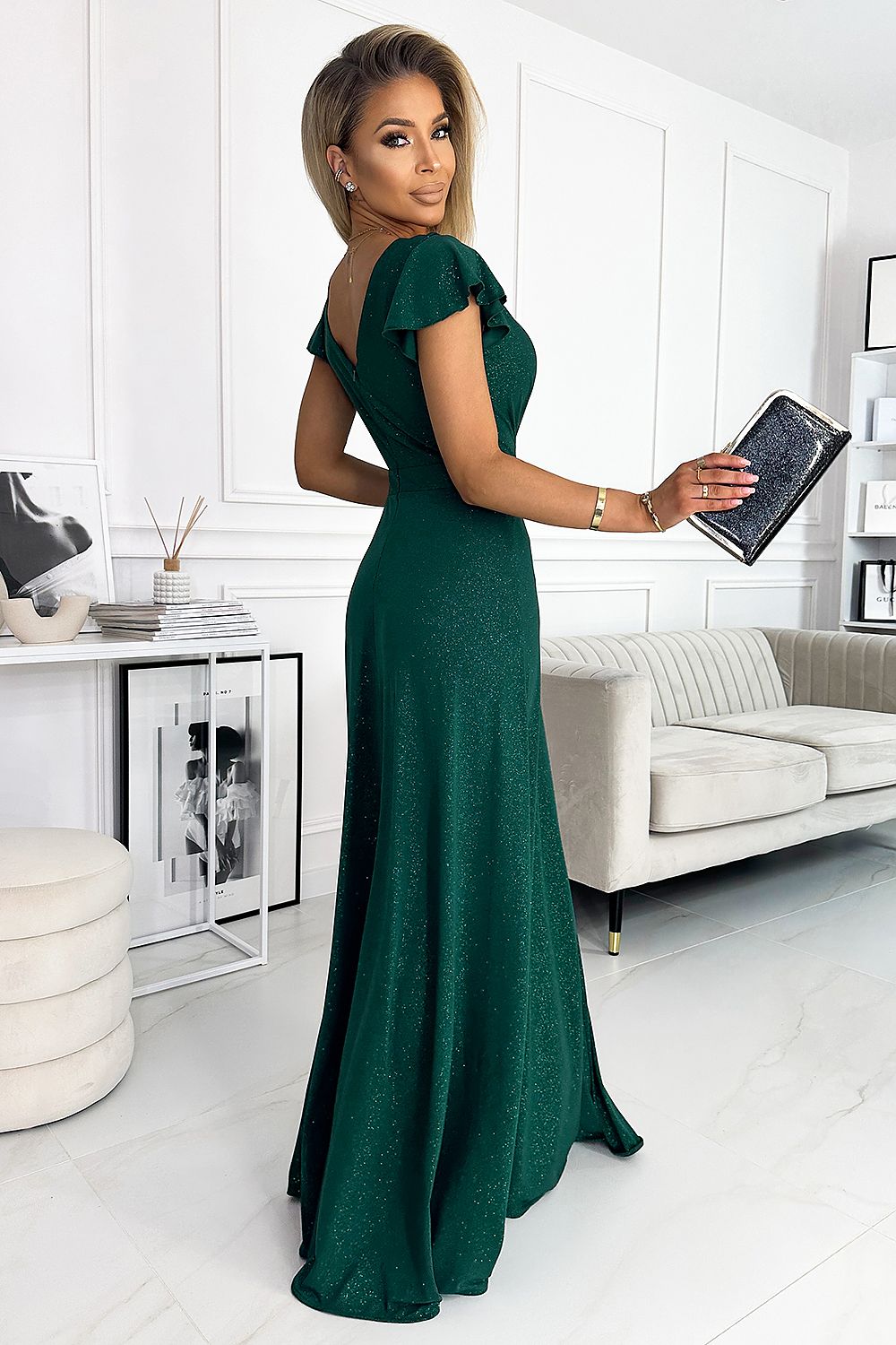 Damen Abendkleid Glitzer Maxikleid von Numoco grün Seitenansicht
