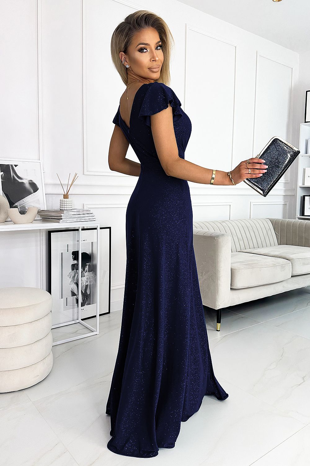 Damen Abendkleid Glitzer Maxikleid von Numoco marineblau Seitenansicht