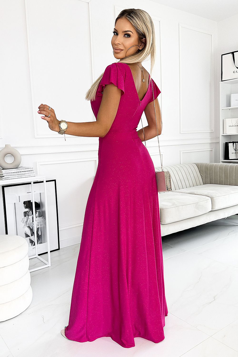 Damen Abendkleid Glitzer Maxikleid von Numoco pink Rückseite