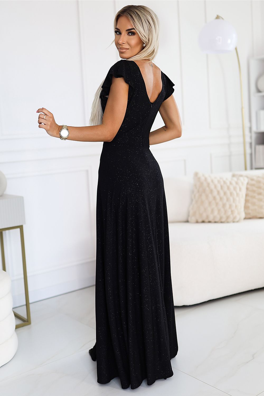 Damen Abendkleid Glitzer Maxikleid von Numoco schwarz Rückseite