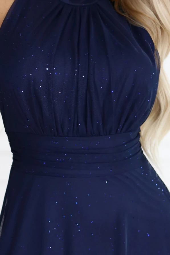 Damen Abendkleid Maxi-Kleid VERONICA, Stehkragen, Raffungen & glänzend von Numoco marineblau Ausschnitt