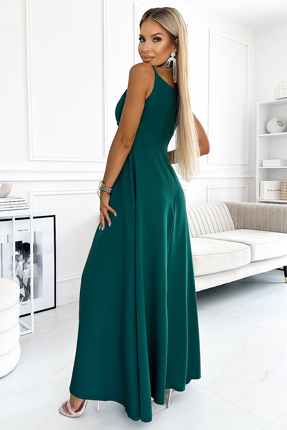 Damen Abendkleid mit schlanken Träger Maxikleid von Numoco grün 2 Seitenansicht