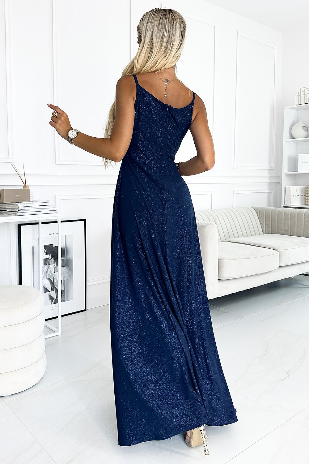 Damen Abendkleid mit schlanken Träger Maxikleid von Numoco marineblau 2 Rückseite