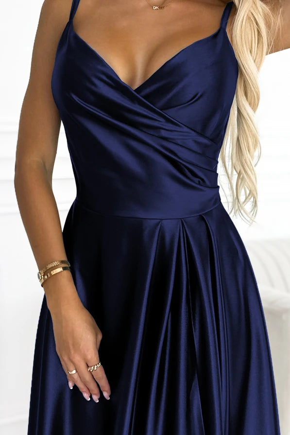 Damen Abendkleid mit schlanken Träger Maxikleid von Numoco marineblau 3 Ausschnitt