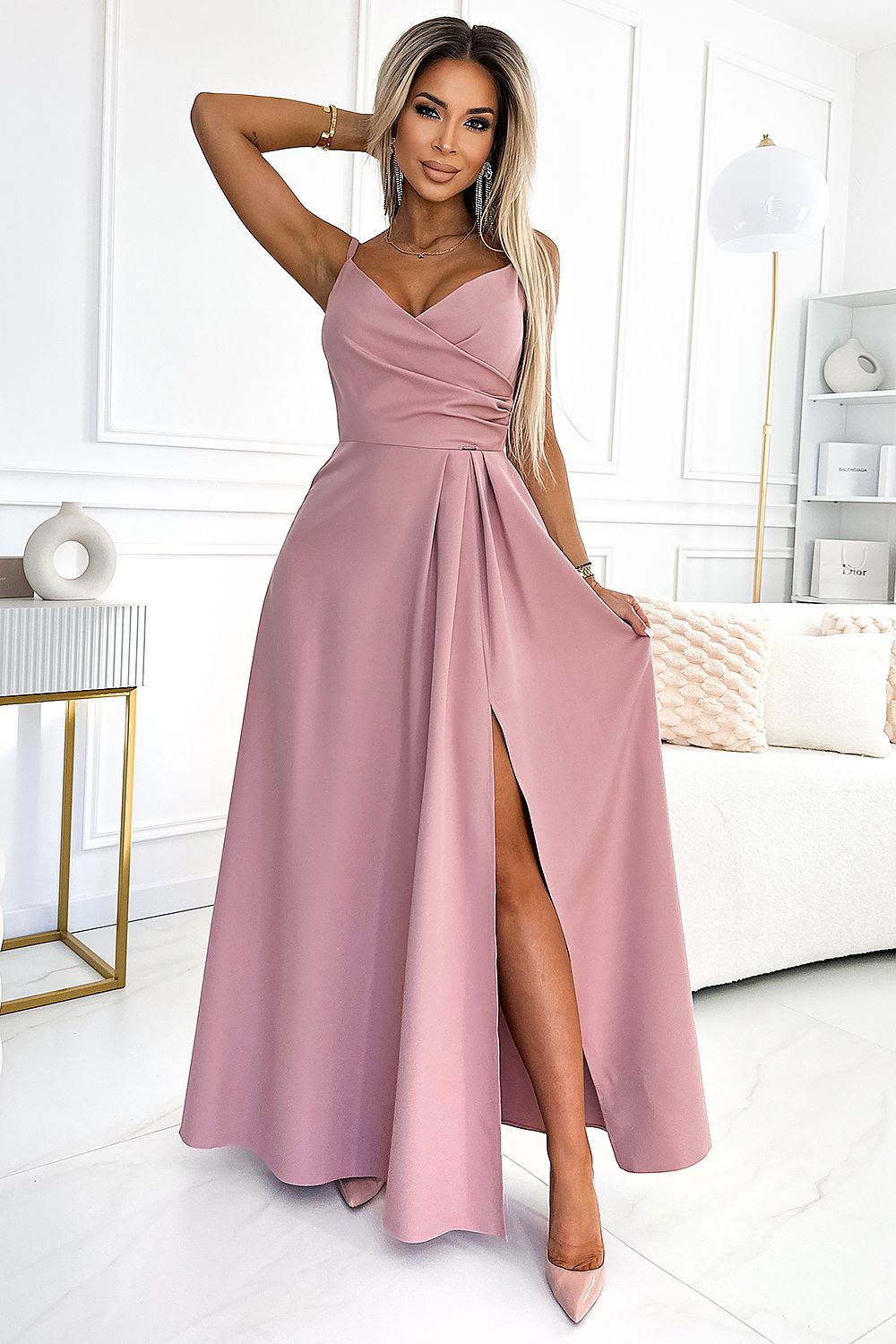Damen Abendkleid mit schlanken Träger Maxikleid von Numoco rosa