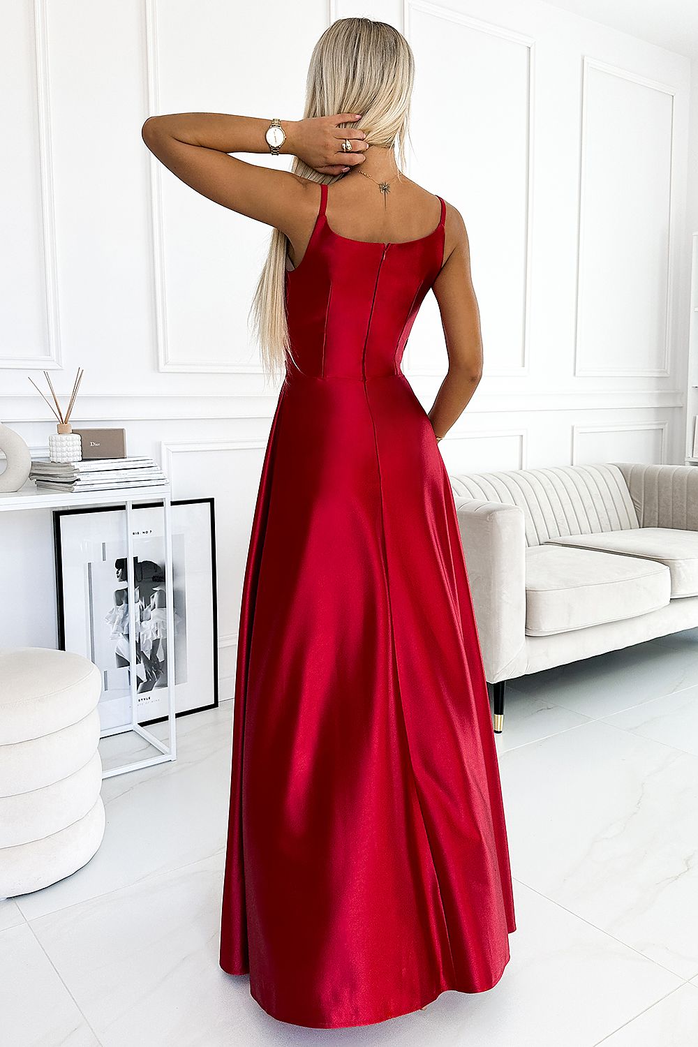 Damen Abendkleid mit schlanken Träger Maxikleid von Numoco rot 2 Rückseite